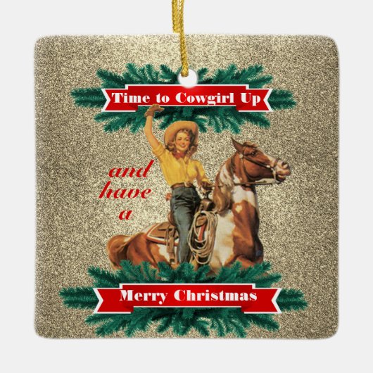 ウェスタンヴィンテージ女性のカーボーイアップメリークリスマス2 セラミックオーナメント (正面)
