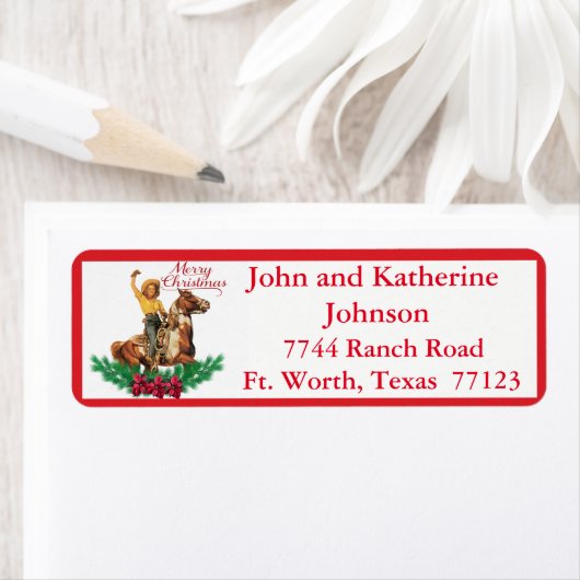 ウェスタンヴィンテージ女性のカーボーイオンホースメリークリスマス3 ラベル (インサイチュ)