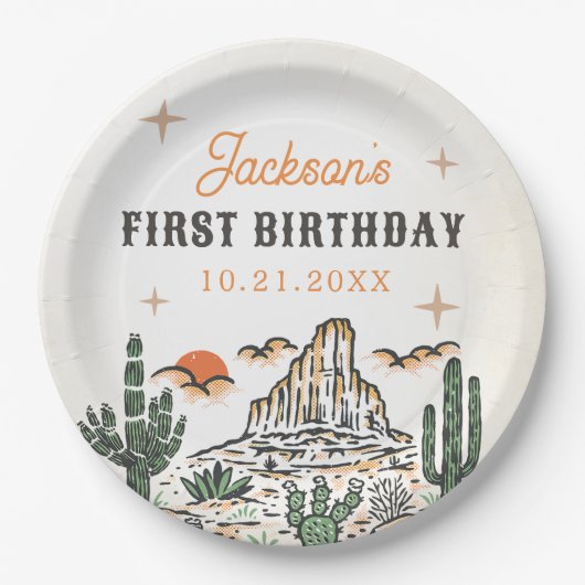 ウェスタンヴィンテージ砂漠ファースト・ロデオ1歳の誕生日 ペーパープレート (正面)