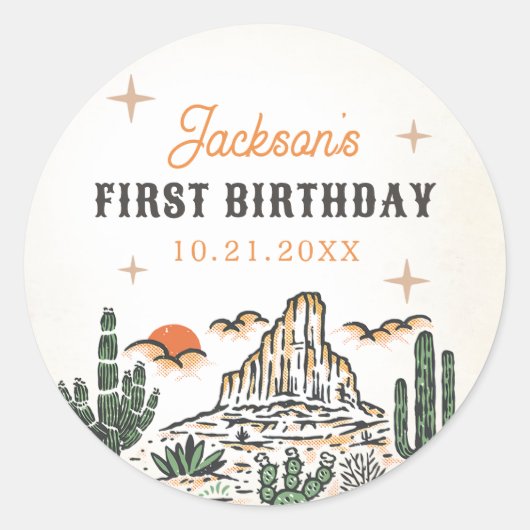ウェスタンヴィンテージ砂漠ファースト・ロデオ1歳の誕生日 ラウンドシール (正面)