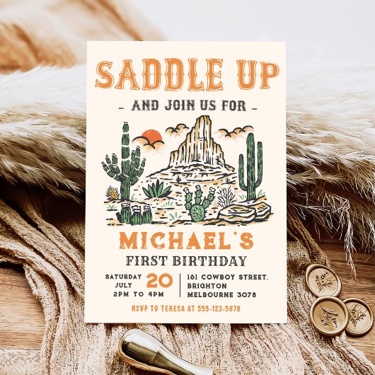 ウェスタンヴィンテージ砂漠ファースト・ロデオ1歳の誕生日 招待状