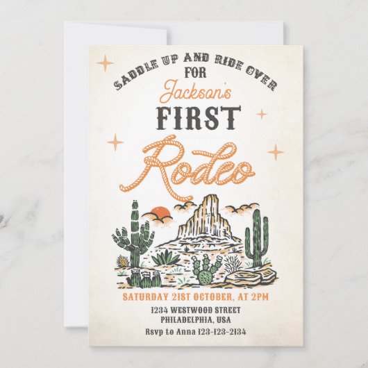ウェスタンヴィンテージ砂漠ファースト・ロデオ1歳の誕生日 招待状 (正面)
