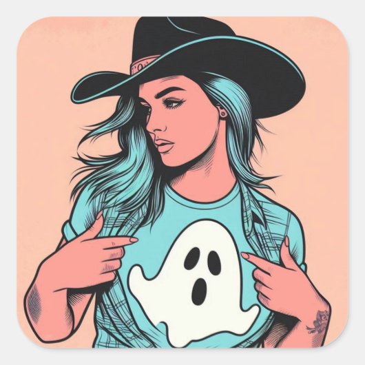 ウェスタン不気味女性のカーボーイ幽霊アポップ・アートのートステッカー スクエアシール (正面)