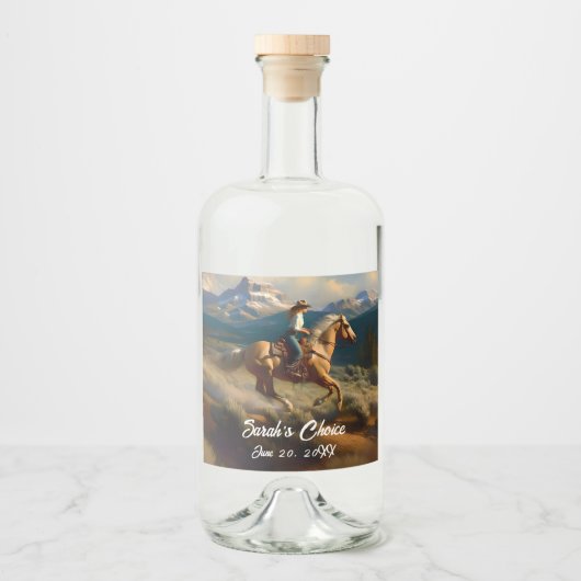 ウェスタン女性のカーボーイとパロミノホース結婚ズ リキュールボトルラベル (正面)