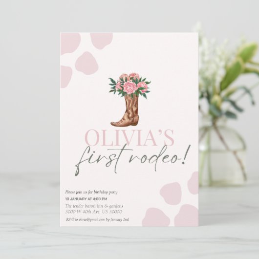 ウェスタン女性のカーボーイの最初の誕生日ロデオ赤ちゃん女の子 招待状 (スタンド正面)