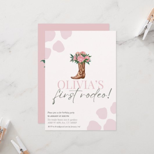 ウェスタン女性のカーボーイの最初の誕生日ロデオ赤ちゃん女の子 招待状 (正面/裏面インサイチュ)