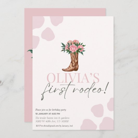 ウェスタン女性のカーボーイの最初の誕生日ロデオ赤ちゃん女の子 招待状 (正面/裏面)
