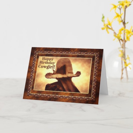 ウェスタン女性のカーボーイをテーマにした誕生日 カード (黄色い花)