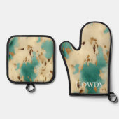 ウェスタン女性のカーボーイアクアミントクリームコウィド 鍋つかみ&鍋敷きセット (正面)