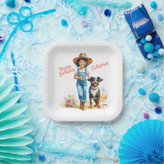 ウェスタン女性のカーボーイアンドドッグパーソナライズされた誕生日 ペーパープレート (パーティー)