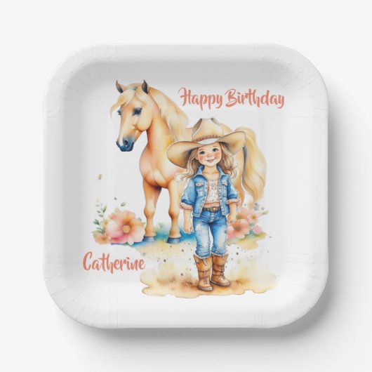ウェスタン女性のカーボーイアンドホースパーソナライズされた誕生日 ペーパープレート (正面)