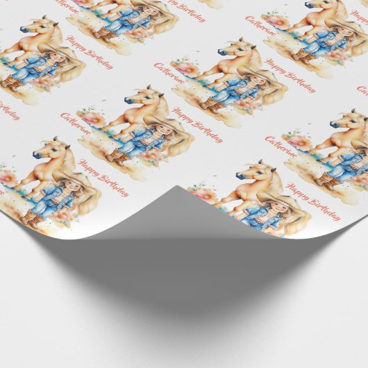 ウェスタン女性のカーボーイアンドホースパーソナライズされた誕生日 ラッピングペーパー (角)