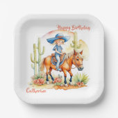 ウェスタン女性のカーボーイオンホースパーソナライズされた誕生日 ペーパープレート (正面)