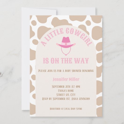ウェスタン女性のカーボーイカウビーガールプリントベビーシャワー 招待状 (正面)