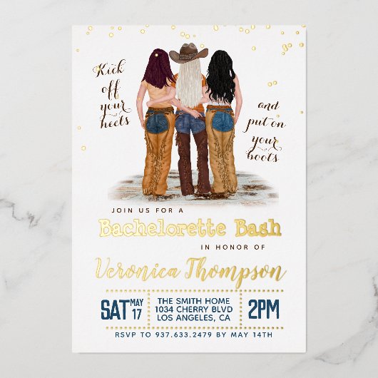 ウェスタン女性のカーボーイバチェロレッテブライダルシャワー 箔招待状 (正面)