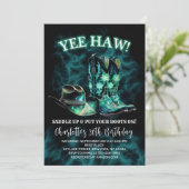 ウェスタン女性のカーボーイバースデーパーティーティール(緑がかった色)グリーンネオン 招待状 (スタンド正面)
