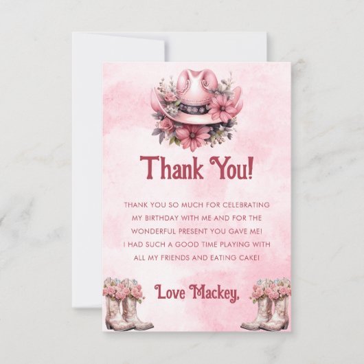 ウェスタン女性のカーボーイバースデーパーティーフラットサンキューカード サンキューカード (正面)