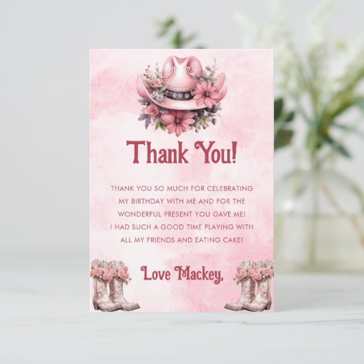 ウェスタン女性のカーボーイバースデーパーティーフラットサンキューカード サンキューカード (スタンド正面)