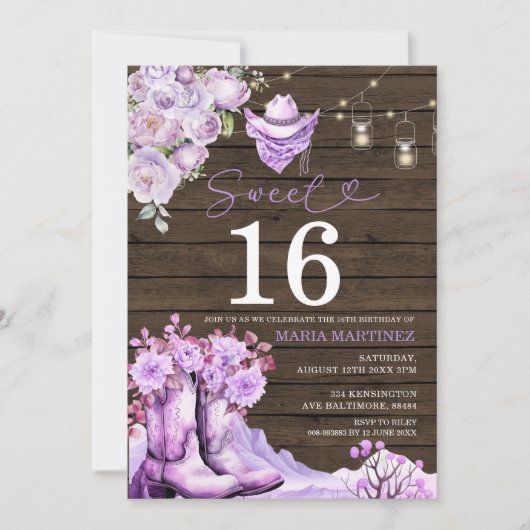 ウェスタン女性のカーボーイパープルウッドスウィート16誕生日 招待状 (正面)