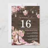 ウェスタン女性のカーボーイピンクフローラウッドスウィート16誕生日 招待状 (正面)