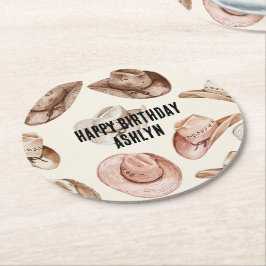ウェスタン女性のカーボーイピンクブラウンハッツ誕生日 ラウンドペーパーコースター