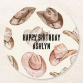 ウェスタン女性のカーボーイピンクブラウンハッツ誕生日 ラウンドペーパーコースター (正面)