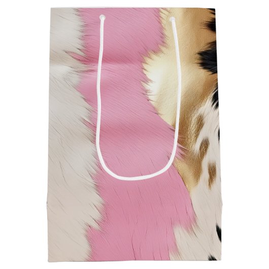 ウェスタン女性のカーボーイピンク白黒金ゴールド抽象芸術 ミディアムペーパーバッグ (裏面)