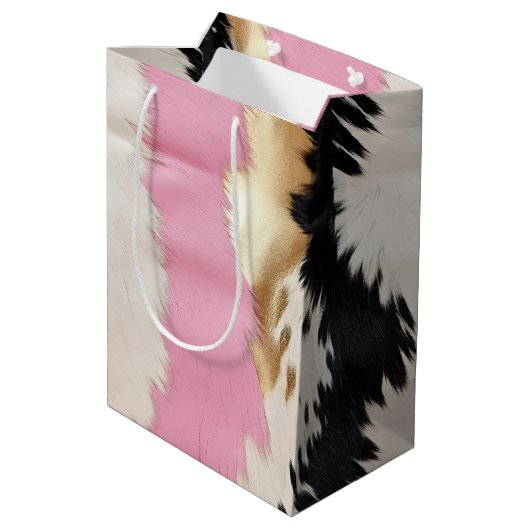 ウェスタン女性のカーボーイピンク白黒金ゴールド抽象芸術 ミディアムペーパーバッグ (裏面アングル)