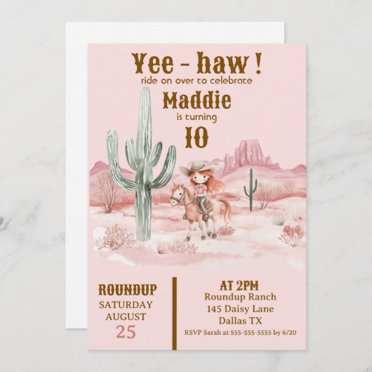 ウェスタン女性のカーボーイピンク誕生日招待状 招待状 (正面/裏面)