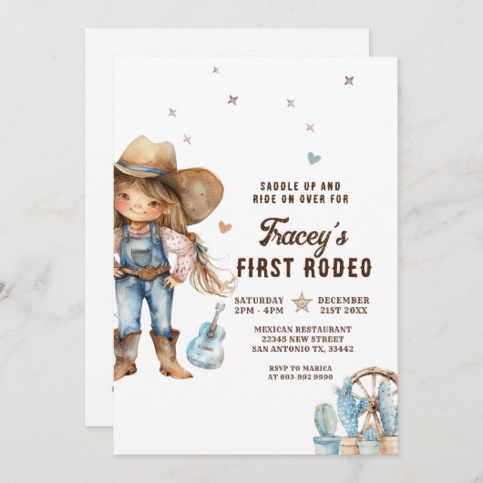 ウェスタン女性のカーボーイファーストロデオバースデーパーティー 招待状 (正面/裏面)