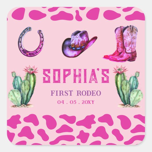 ウェスタン女性のカーボーイファーストロデオピンクガールズ誕生日 スクエアシール (正面)