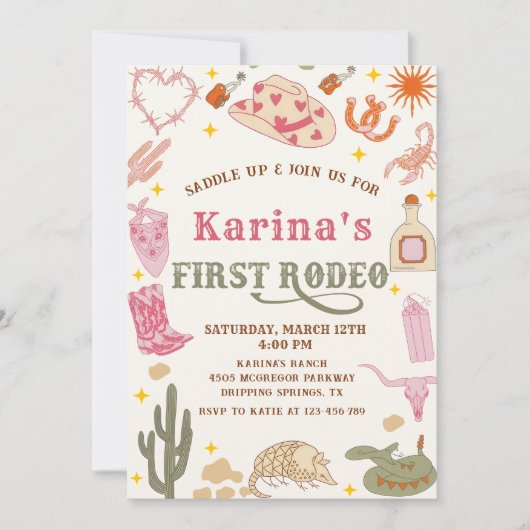 ウェスタン女性のカーボーイファースト・ロデオ1st誕生日パーティー 招待状 (正面)