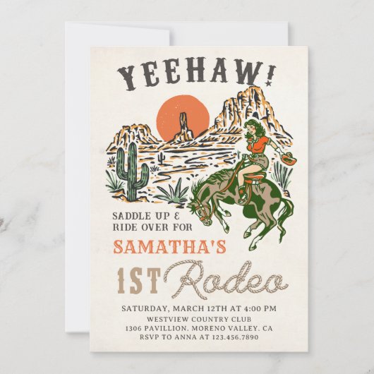 ウェスタン女性のカーボーイファースト・ロデオ1st誕生日 招待状 (正面)
