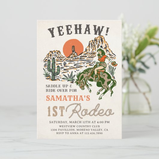 ウェスタン女性のカーボーイファースト・ロデオ1st誕生日 招待状 (スタンド正面)