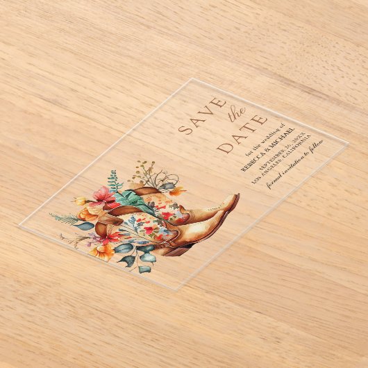 ウェスタン女性のカーボーイフローラブーツウェディング日付を保存 アクリル招待状 (レイダウン)