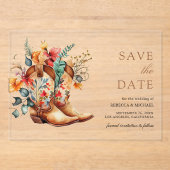 ウェスタン女性のカーボーイフローラブーツウェディング日付を保存 アクリル招待状 (正面)