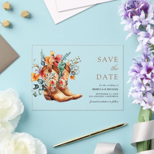 ウェスタン女性のカーボーイフローラブーツウェディング日付を保存 アクリル招待状 (インサイチュ (ウェディング))