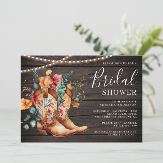 ウェスタン女性のカーボーイフローラブーツウッドブライダルシャワー 招待状 (スタンド正面)