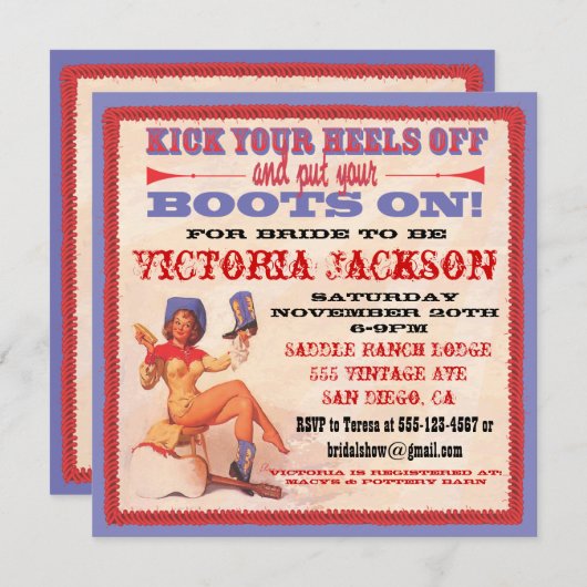 ウェスタン女性のカーボーイブライダルシャワーパーティの招待状 招待状 (正面/裏面)