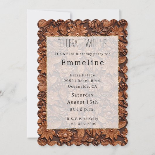 ウェスタン女性のカーボーイブラウンフローラレザーフェイクズ 招待状 (正面)