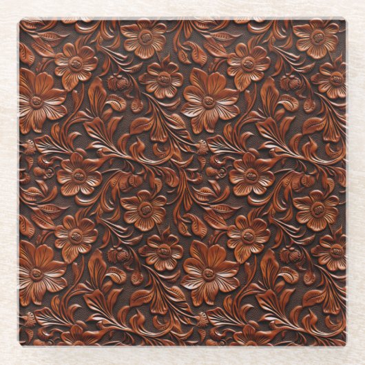 ウェスタン女性のカーボーイブラウンフローラ ガラスコースター (正面)
