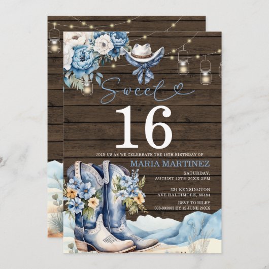 ウェスタン女性のカーボーイブルーフローラウッドスウィート16誕生日 招待状 (正面/裏面)