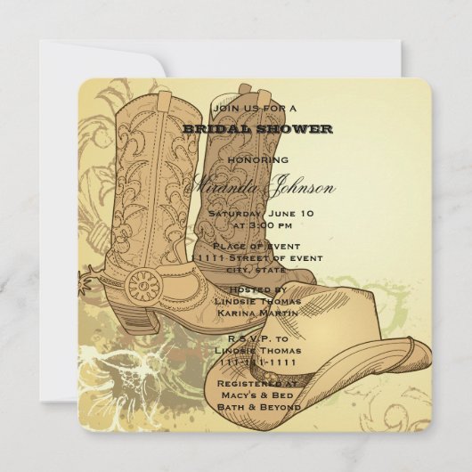 ウェスタン女性のカーボーイブーツハットブライダルシャワー 招待状 (正面)