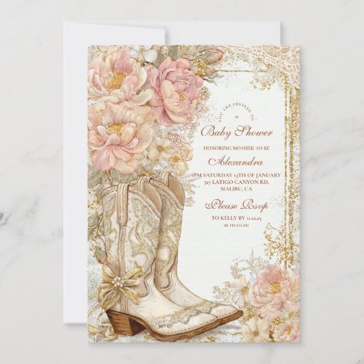 ウェスタン女性のカーボーイブーツフローラベビーシャワー 招待状 (正面)