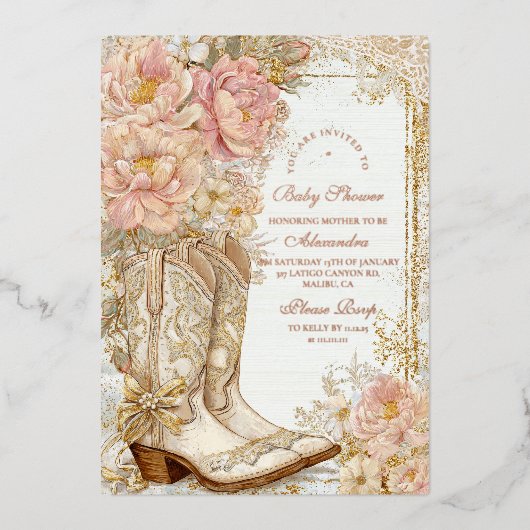ウェスタン女性のカーボーイブーツフローラベビーシャワー 箔招待状 (正面)