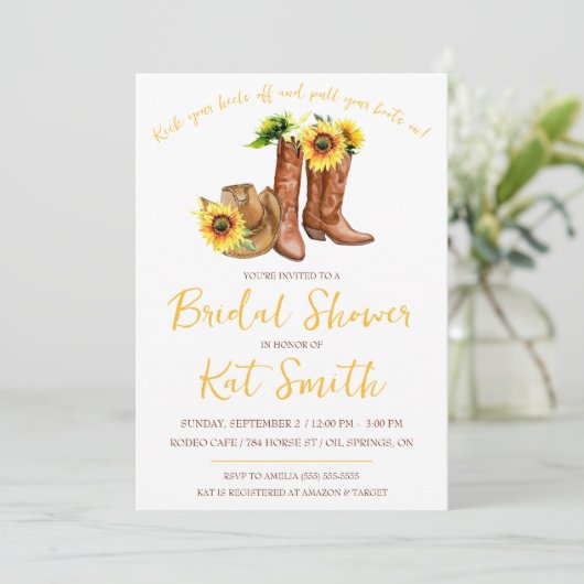 ウェスタン女性のカーボーイブーツ&サンフラワーズブライダルシャワー 招待状 (スタンド正面)