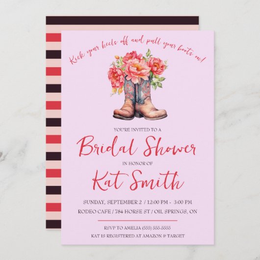 ウェスタン女性のカーボーイブーツ&フラワーズブライダルシャワー 招待状 (正面/裏面)