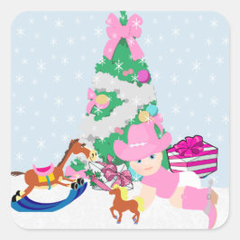 ウェスタン女性のカーボーイベビークリスマスツリーシーン スクエアシール