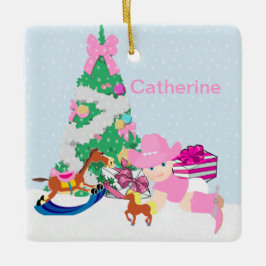 ウェスタン女性のカーボーイベビークリスマスツリーシーン セラミックオーナメント