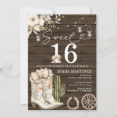 ウェスタン女性のカーボーイホワイトブーツウッドスウィート16誕生日 招待状 (正面)